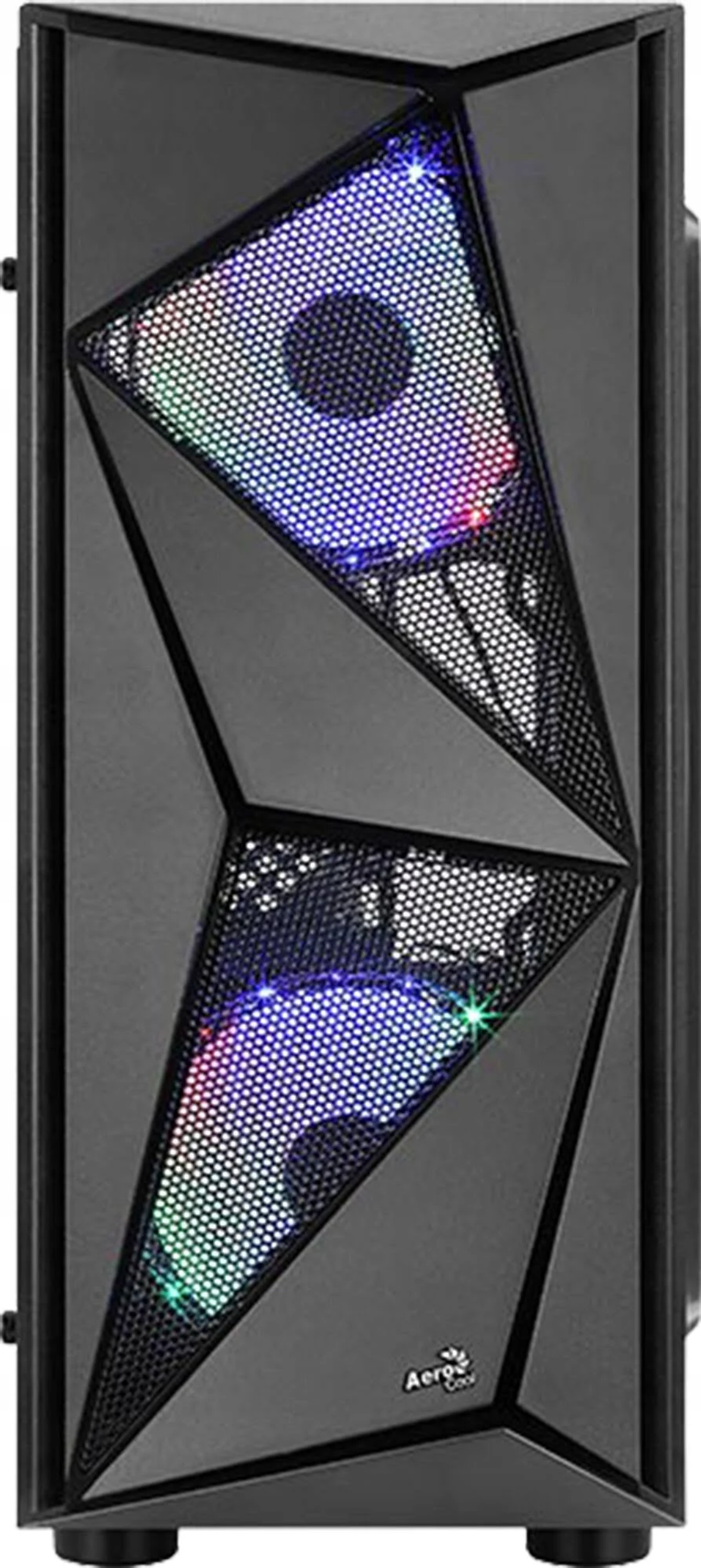 Schwarzes Computergehäuse mit RGB-Beleuchtung. Mesh-Design mit Dreiecksformen. Schwarzer Hintergrund.