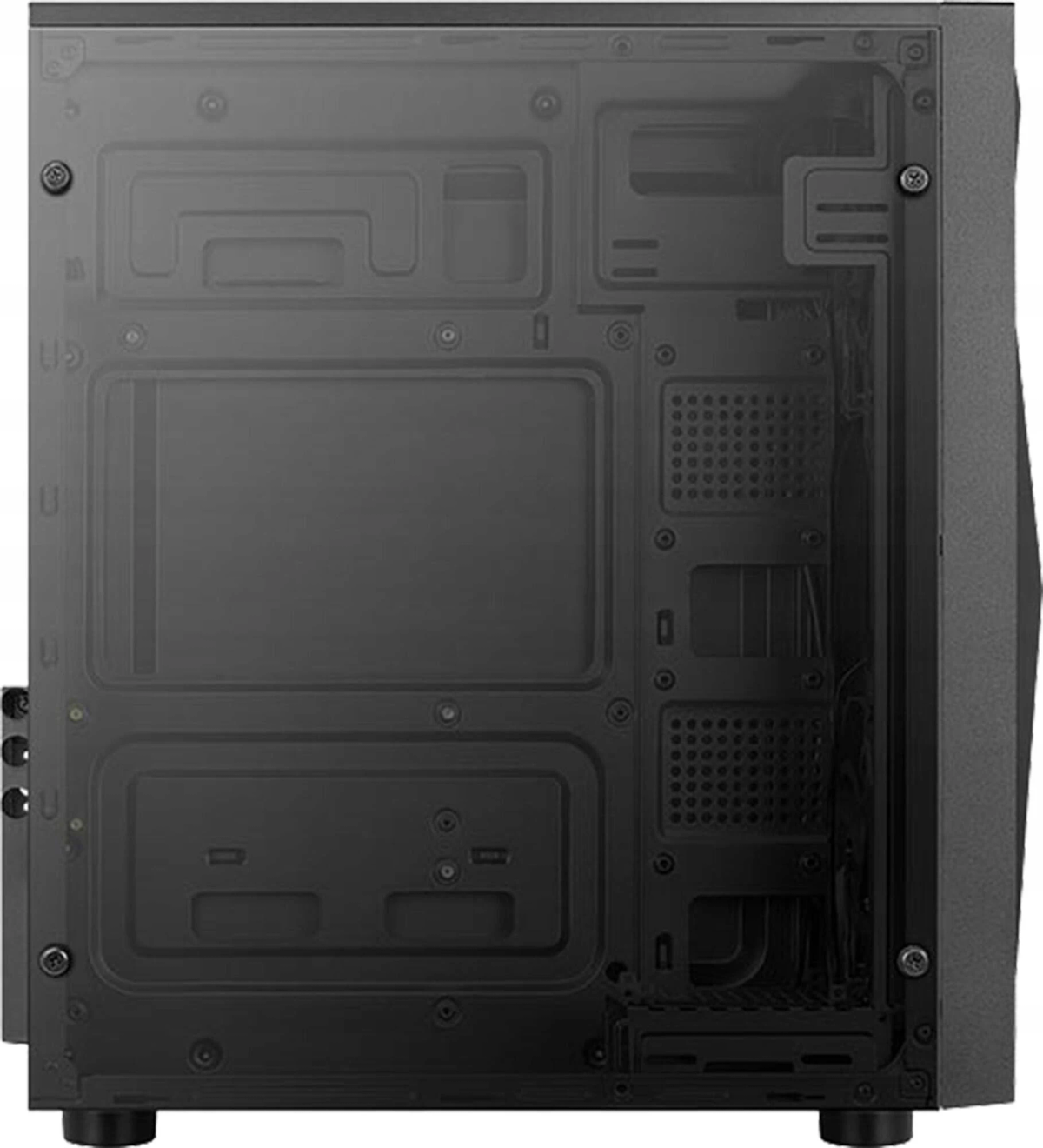 Ein schwarzes Computergehäuse mit transparentem Seitenteil. Das Innere hat mehrere Befestigungspunkte.
