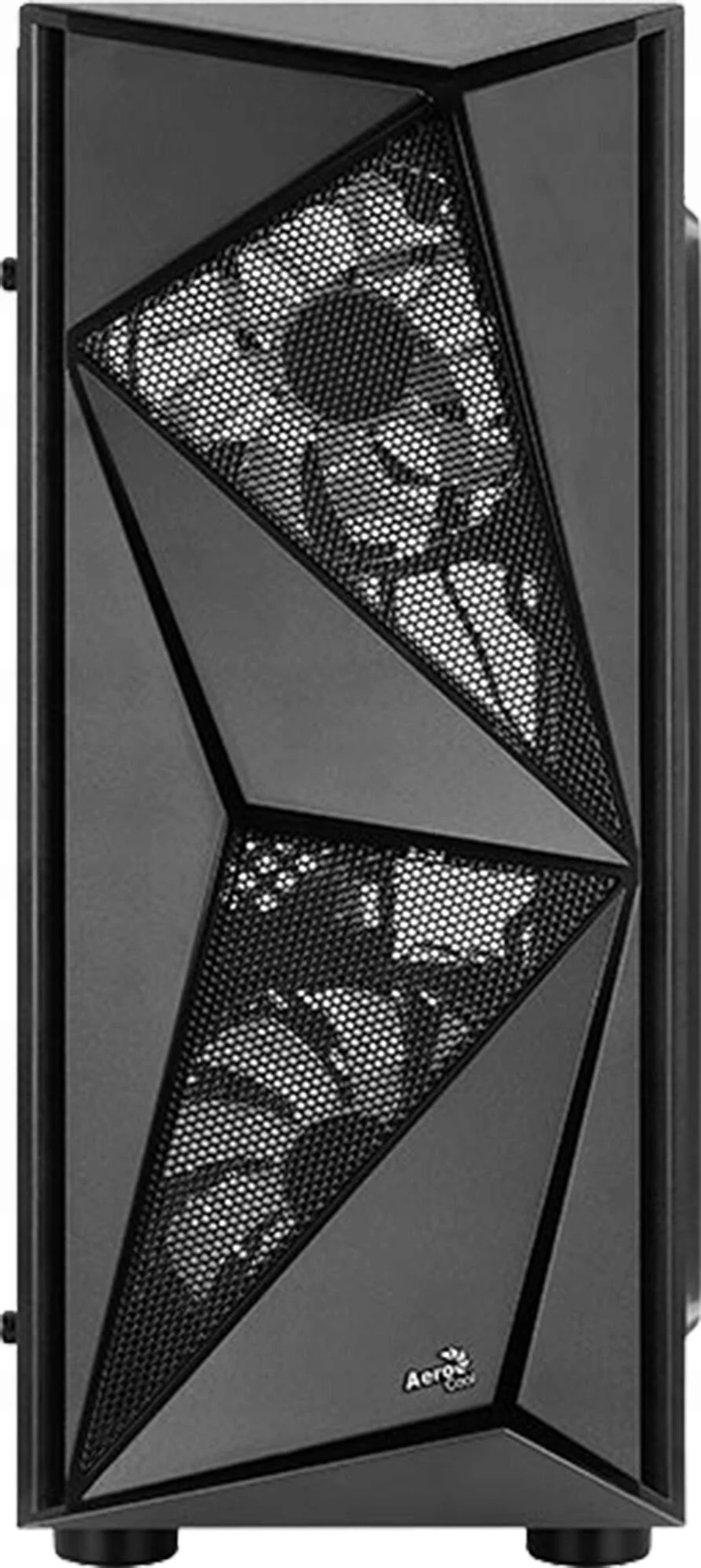 Schwarzes Computergehäuse mit geometrischer Mesh-Front. Dreieckiges Design mit Lüftern innen.