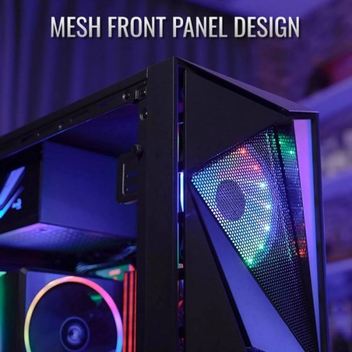 Schwarzes PC-Gehäuse mit Mesh-Frontplatte und bunten LED-Leuchten. Der Text 'MESH FRONT PANEL DESIGN' ist sichtbar.