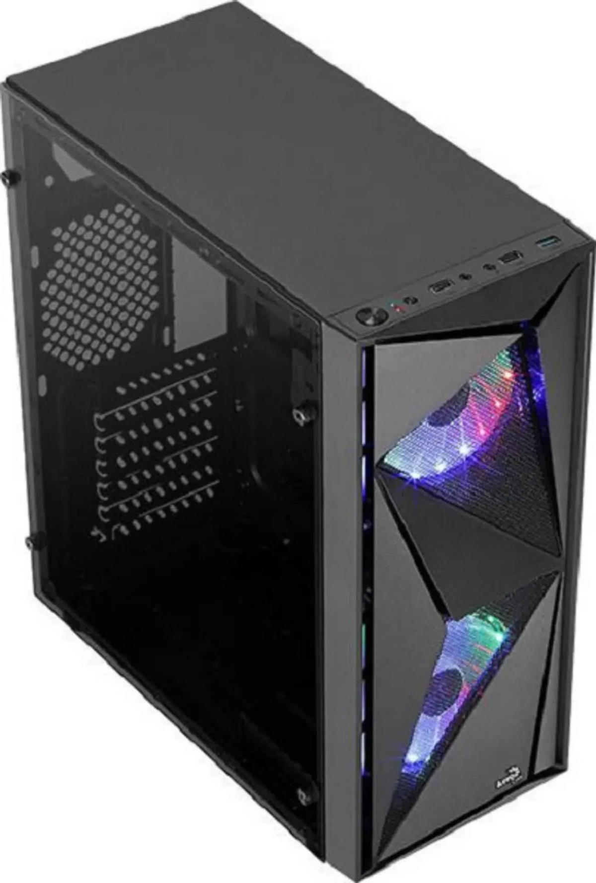 Schwarzes Computergehäuse mit Glas-Seitenwand, beleuchtet mit RGB-Lichtern. Winkelansicht.