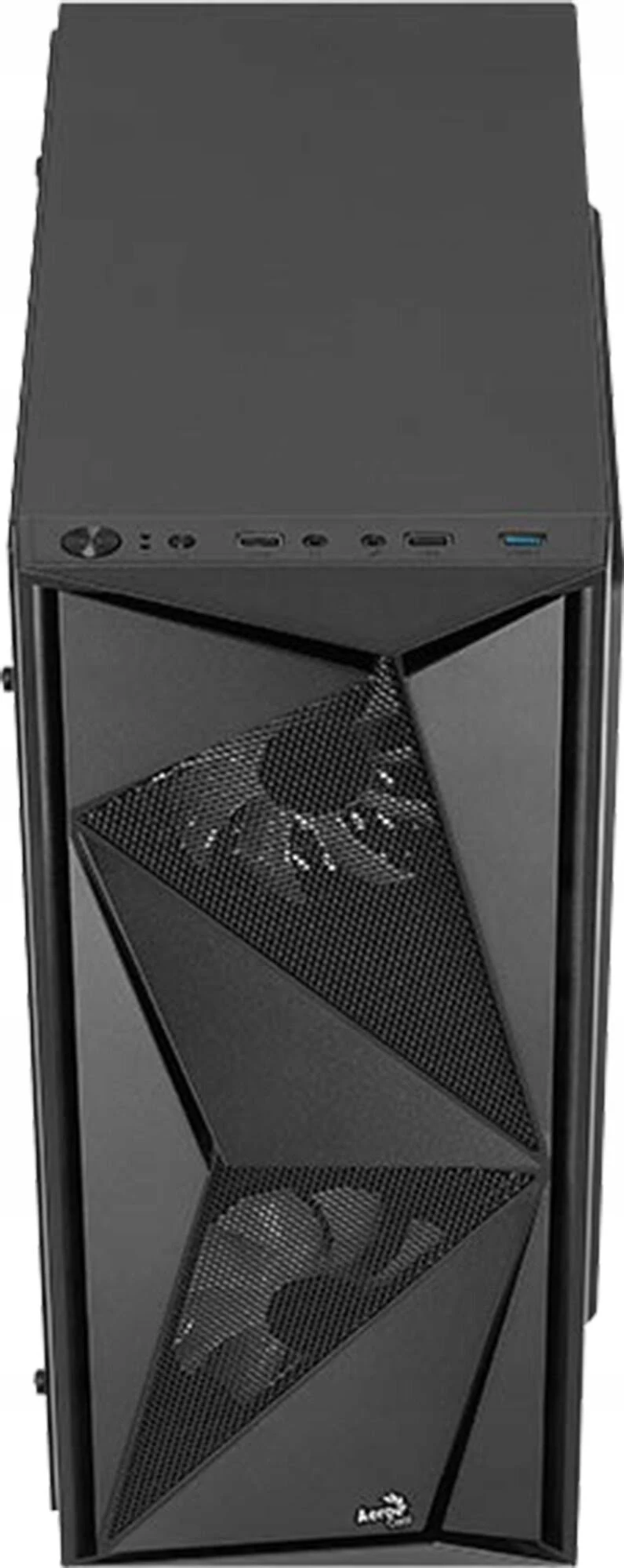 Schwarzes Computergehäuse mit geometrischem Frontdesign.