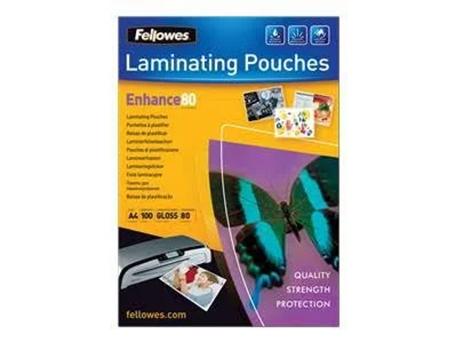 Boîte de pochettes de plastification avec des images d'articles plastifiés et un papillon. La marque est Fellowes.