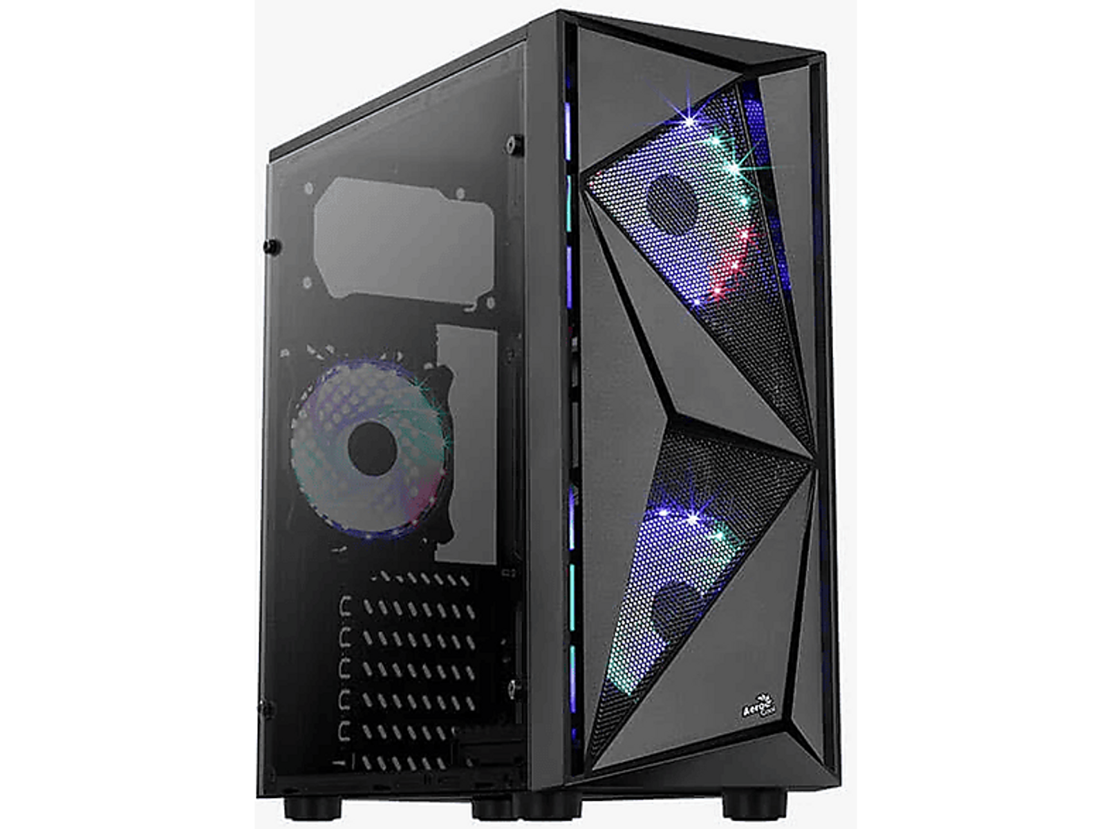 Schwarzes Computergehäuse mit Glasseitenwand und LED-Leuchten.