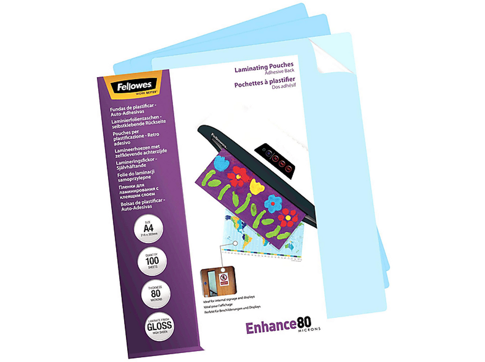 Pochettes de plastification blanches et bleues avec une plastifieuse et un document imprimé.