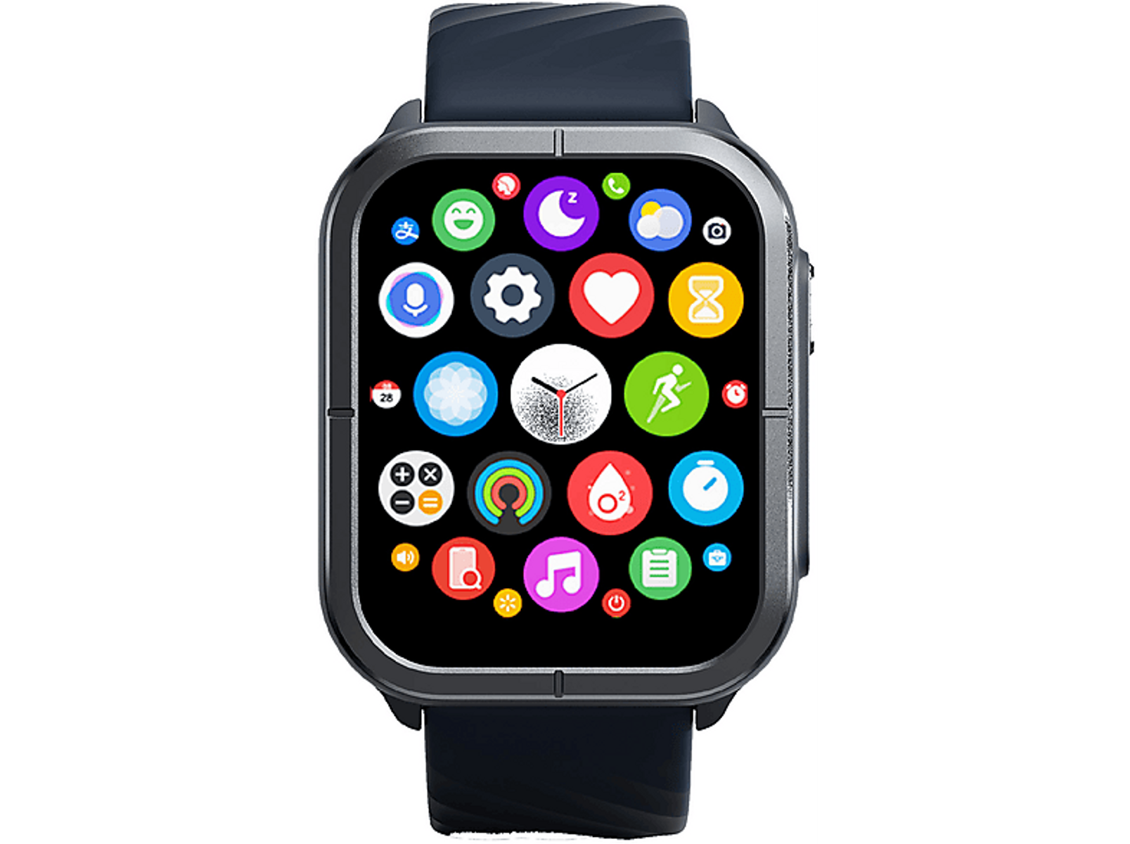 Smartwatch mit schwarzem Armband und farbenfrohem Bildschirm. Symbole für Apps sind sichtbar.