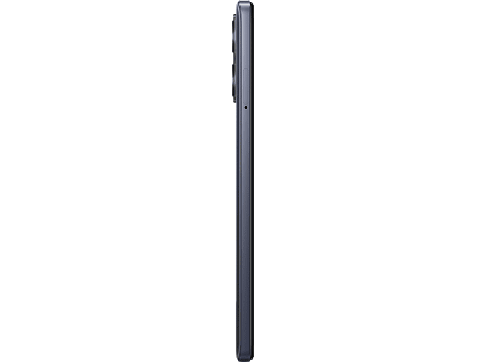 Ein Telefon im Profil. Schwarze Farbe, Dreifach-Kameramodul. Schwarzer Hintergrund.