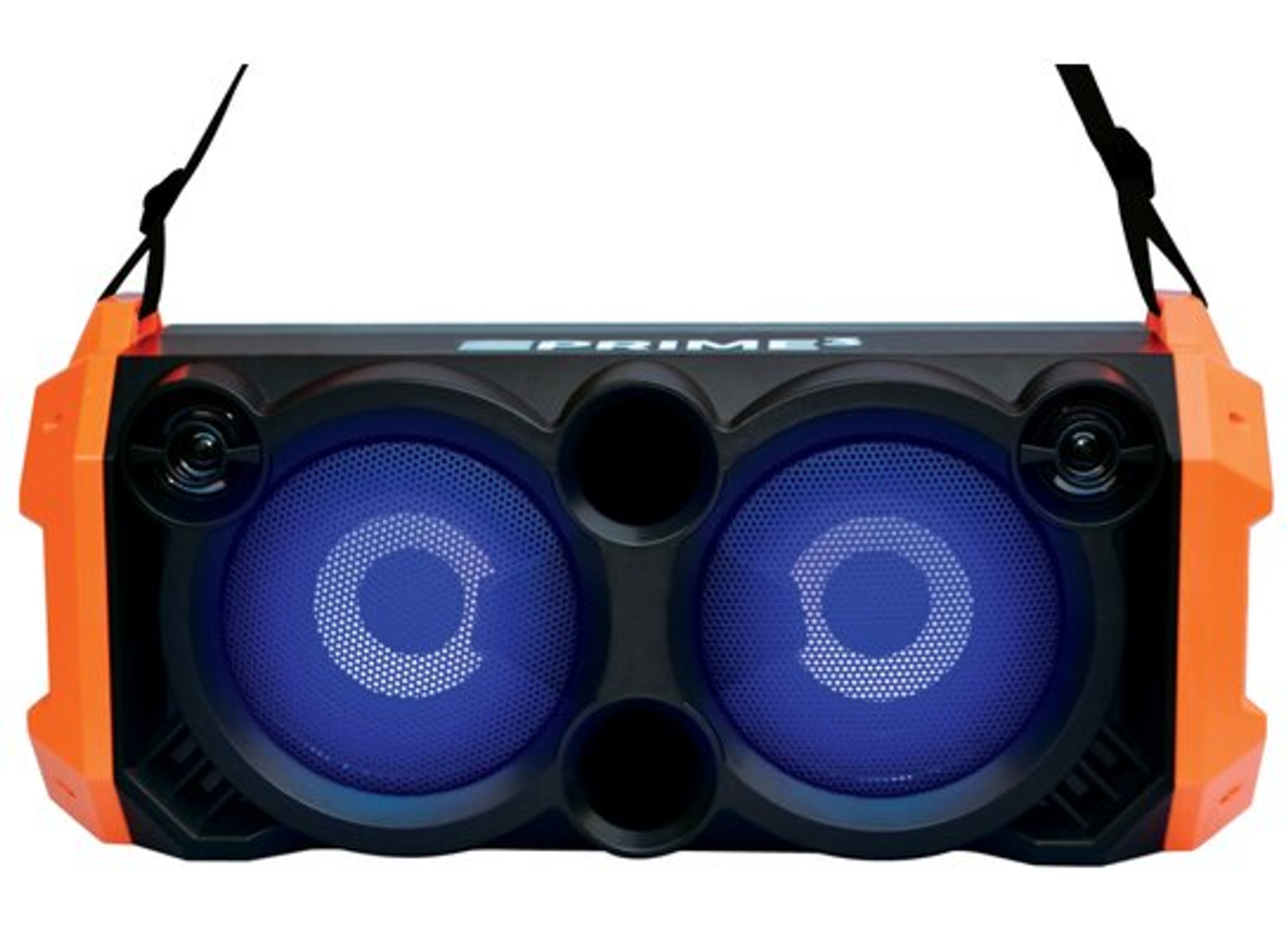 Pomarańczowo-czarny głośnik przenośny z dwoma niebieskimi głośnikami i czarnymi paskami.