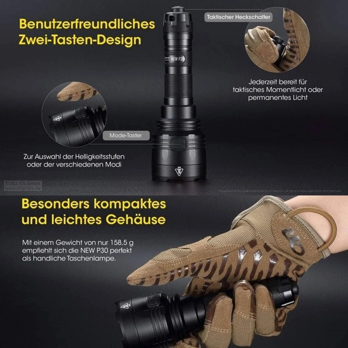 Czarna latarka z tekstem i dłonią trzymającą ją w rękawicy.