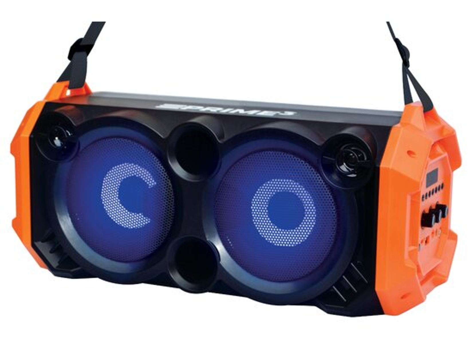 Pomarańczowo-czarny głośnik z dwoma okrągłymi, świecącymi na niebiesko sekcjami. Głośnik ma czarny pasek.