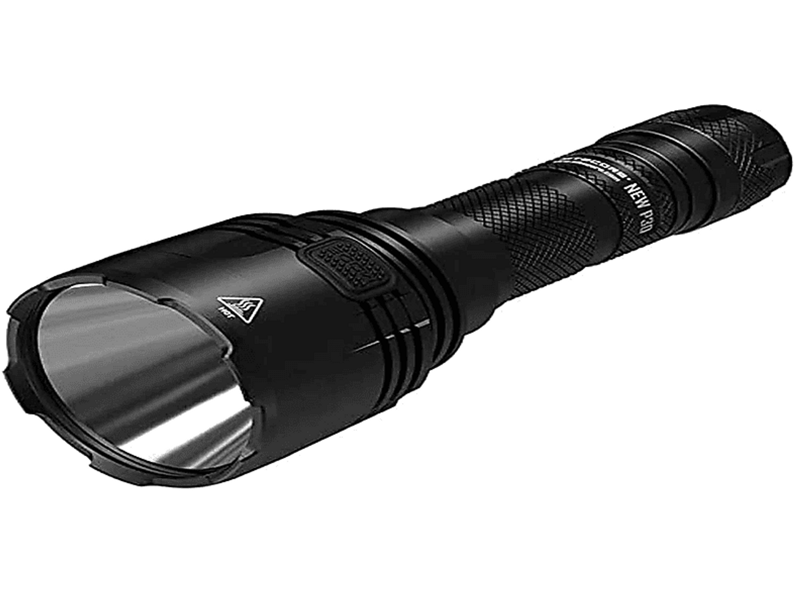 Czarna latarka z dużym, srebrnym reflektorem. Obudowa jest teksturowana, z przyciskiem zasilania i nazwą marki.