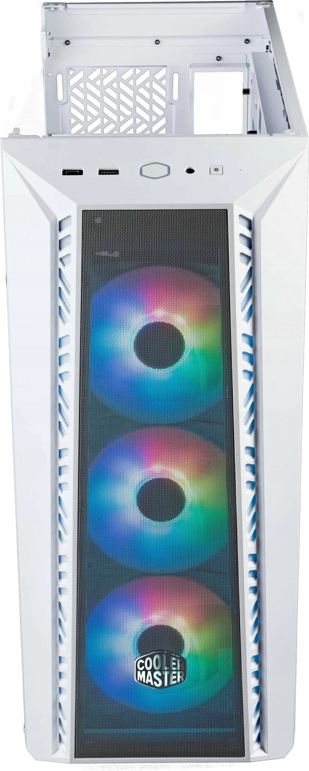 Weißes Computergehäuse mit drei RGB-Lüftern, die hinter einer Mesh-Frontplatte sichtbar sind.