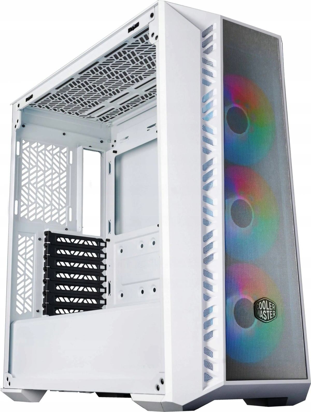 Weißes Computergehäuse mit Mesh-Front, RGB-Lüftern und Cooler Master Logo.