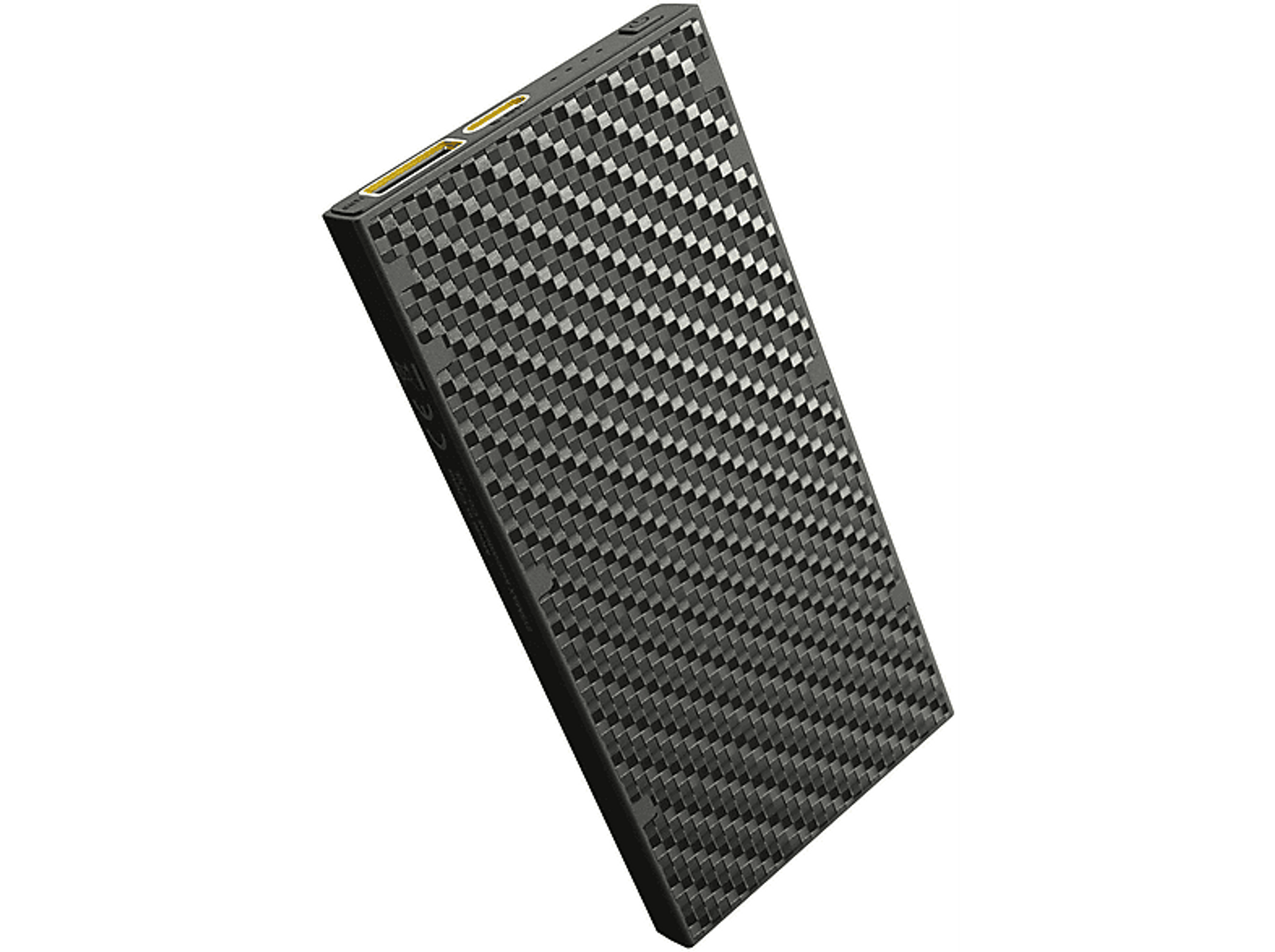 Eine schwarze, rechteckige Powerbank mit Carbonfaser-Textur. Die Oberseite hat einen gelben Akzent.