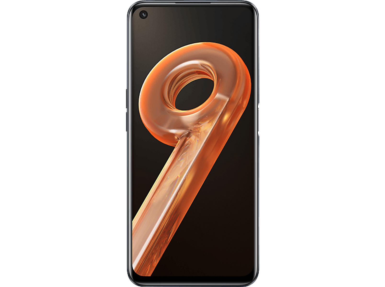 Ein schwarzes Smartphone mit einer gold-orangefarbenen stilisierten Zahl 9 auf dem Bildschirm.