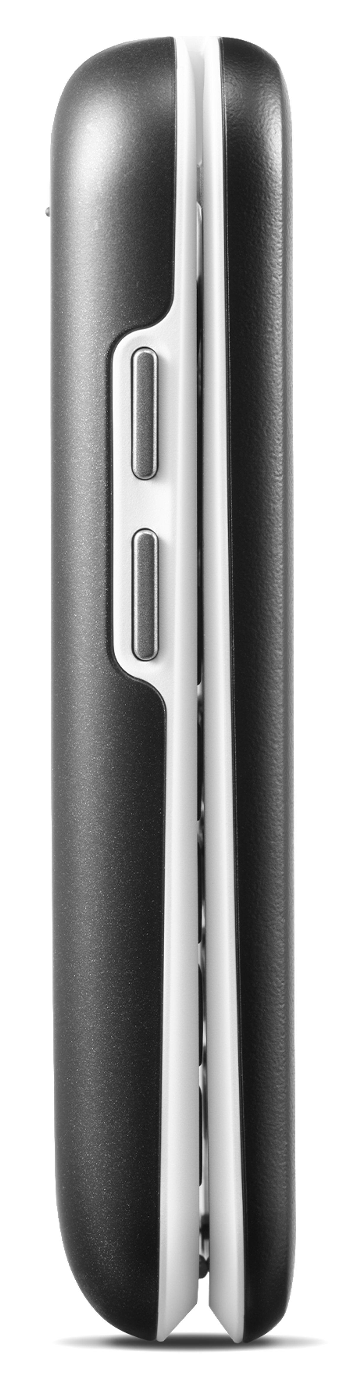 Zamknięty biały telefon z klapką Doro. Widok z boku pokazuje przyciski głośności i design.