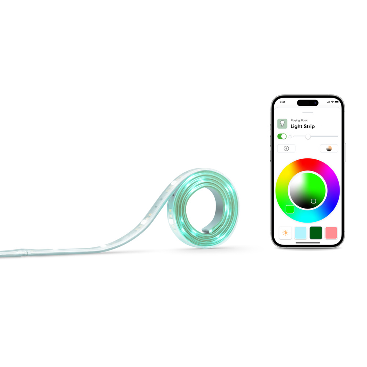 Striscia luminosa a LED e telefono con ruota dei colori. La striscia è arrotolata. Il telefono mostra il controllo.