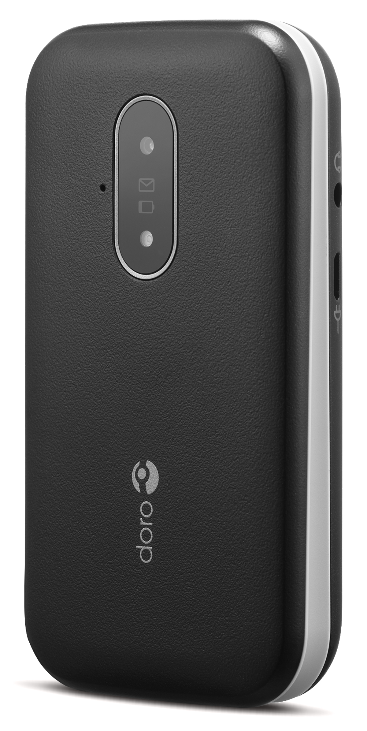 Czarny telefon z klapką Doro, widok z tyłu. Aparat i logo Doro. Elegancki, minimalistyczny design.