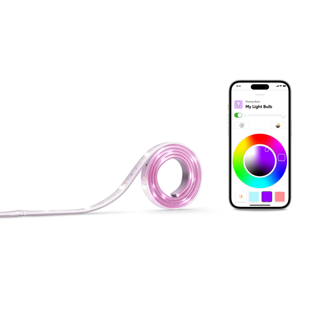 Una striscia LED, un telefono che mostra il controllo del colore e uno sfondo bianco.