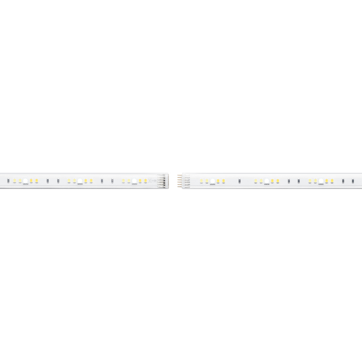 Due strisce di luci LED bianche con connettori al centro, sfondo bianco.