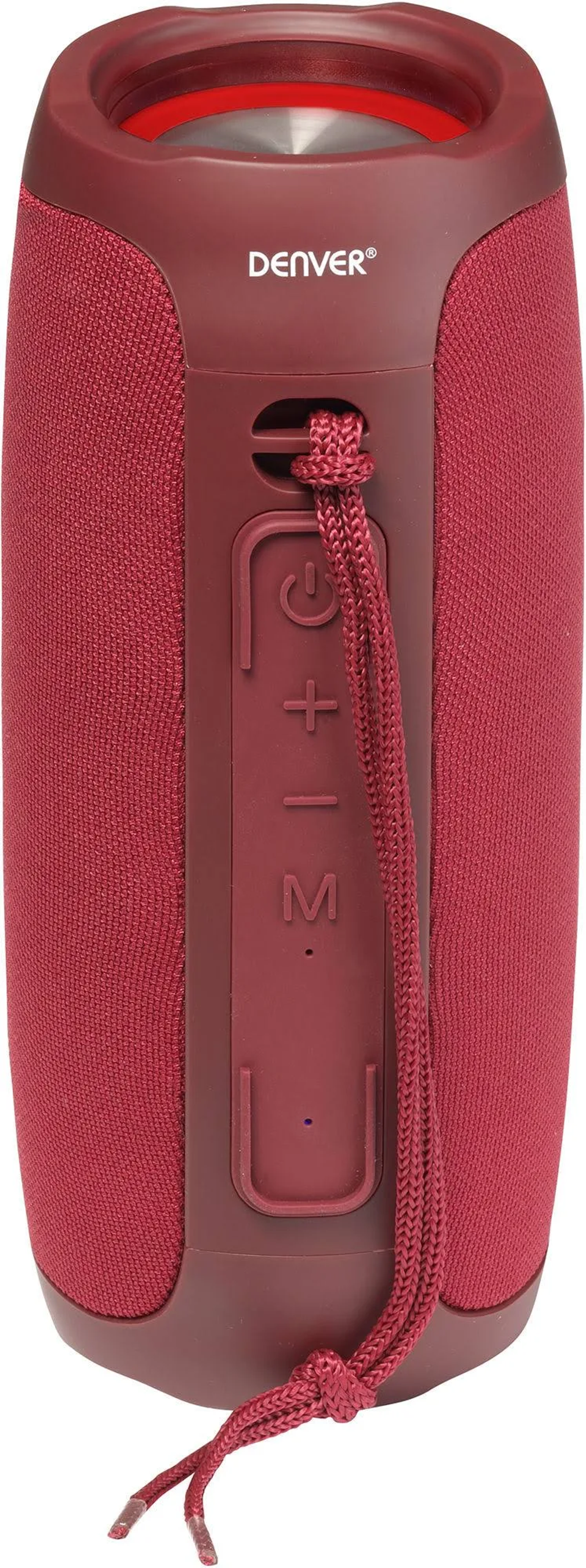 Czerwony głośnik cylindryczny z przyciskami. Widoczne logo DENVER. Sznurek zwisa w dół.