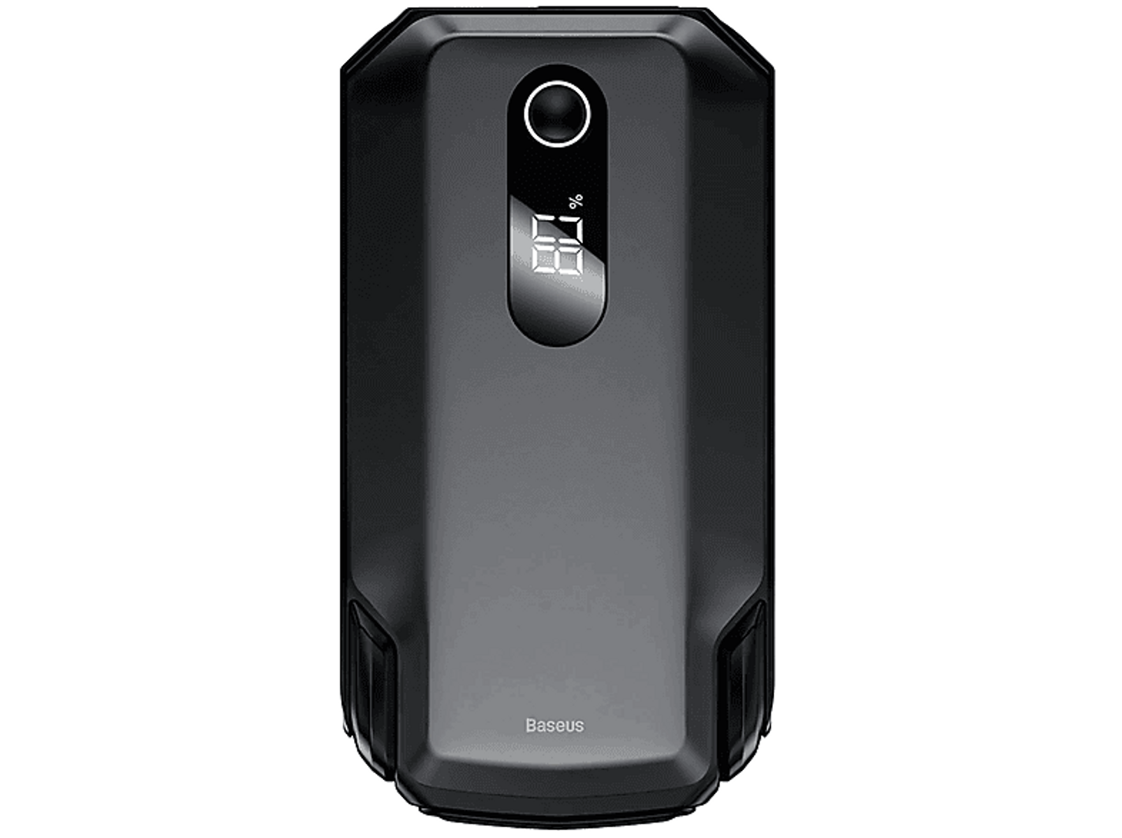 Czarny power bank Baseus z cyfrowym wyświetlaczem pokazującym procent naładowania baterii. Zaokrąglone krawędzie.