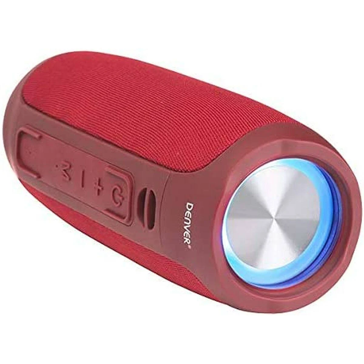 Czerwono-czarny głośnik przenośny z elementami sterującymi i niebieskim światłem.