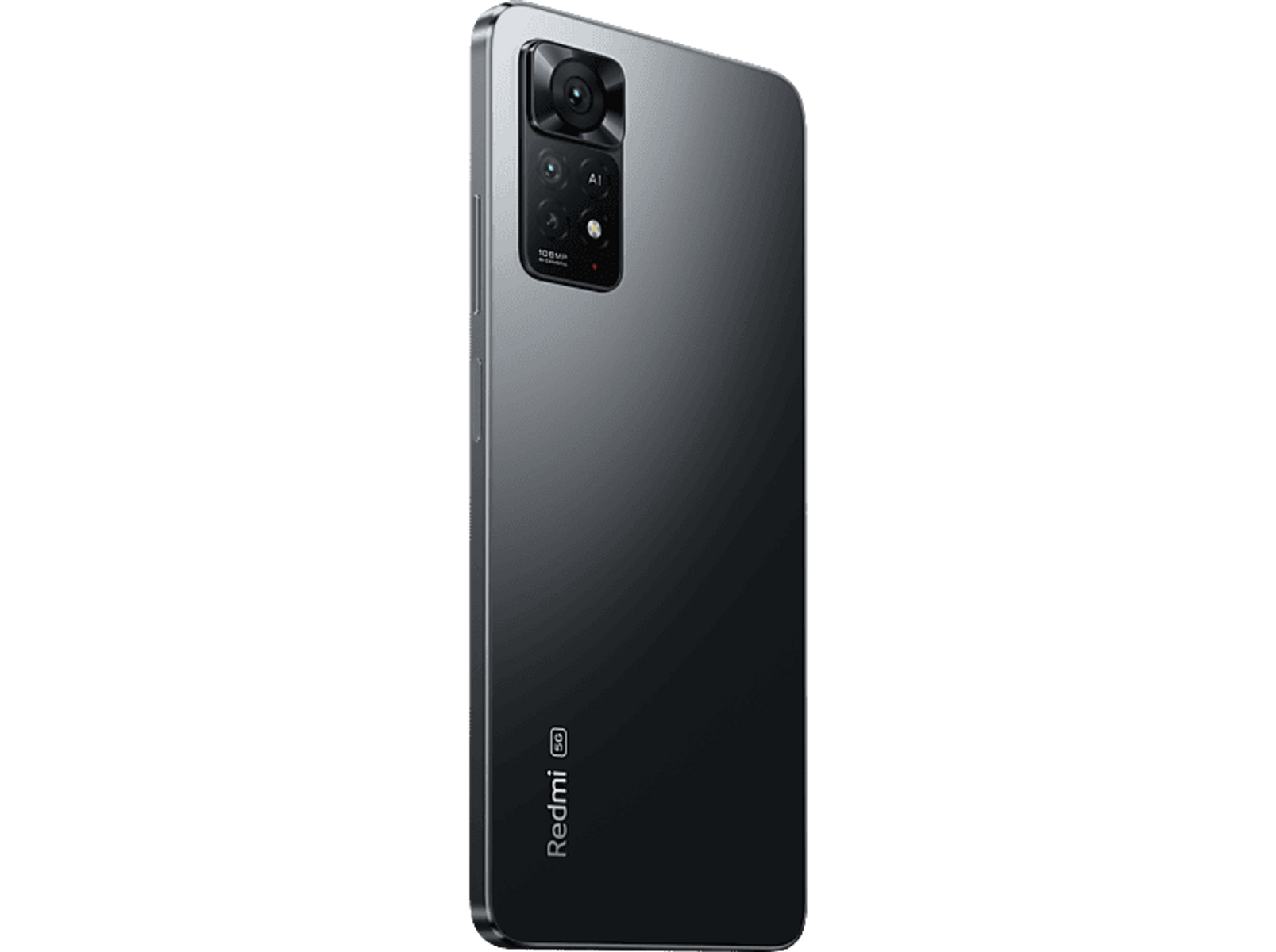 Szary tył telefonu Redmi, potrójny aparat. Logo Redmi. Czarne tło.