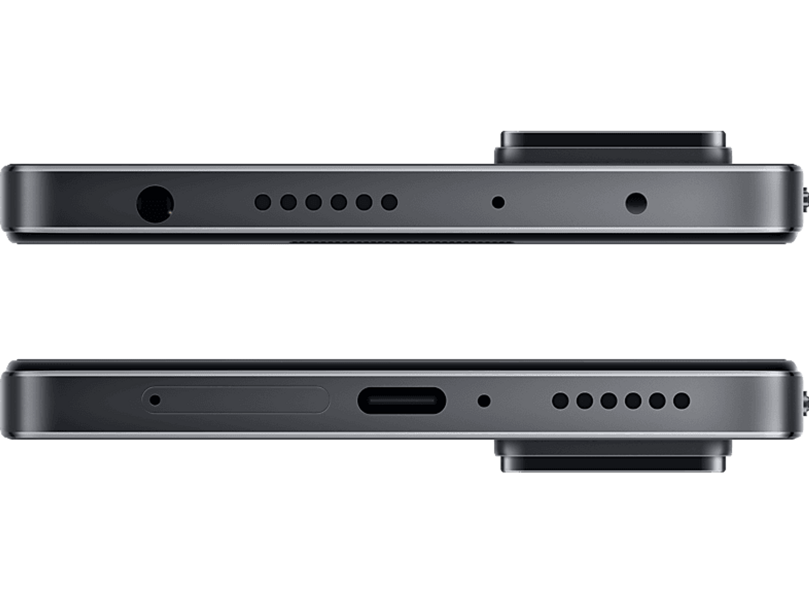 Dwie strony czarnego smartfona, pokazujące porty i głośniki. Jeden ma gniazdo słuchawkowe.