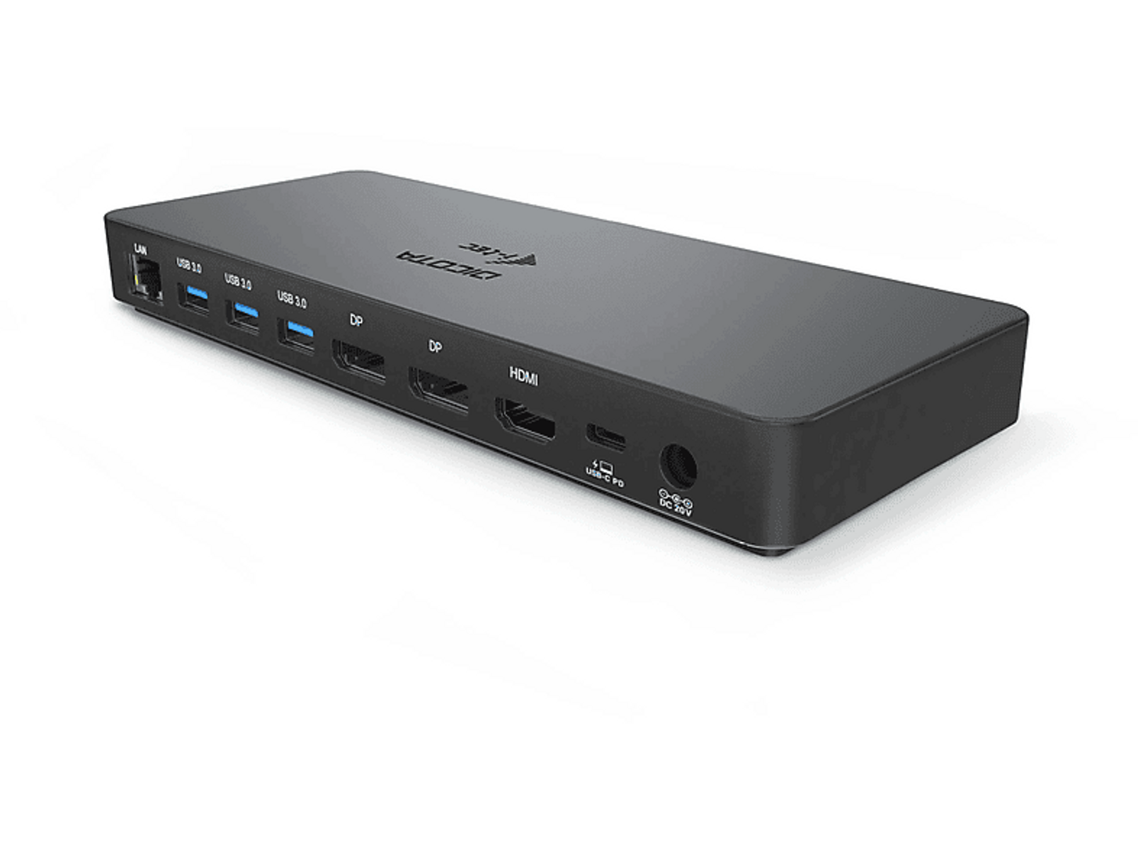 Un dispositivo rettangolare nero con porte etichettate LAN, USB 3.0, DP, HDMI e DC IN.