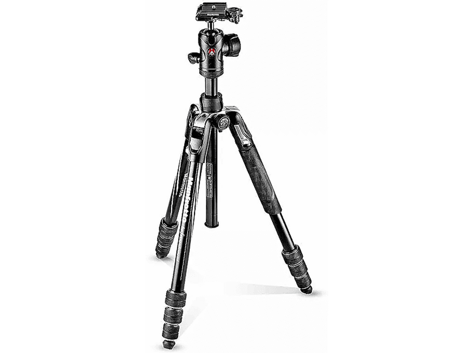 Trípode negro con tres patas extendidas, rótula y montaje de cámara adjunto.