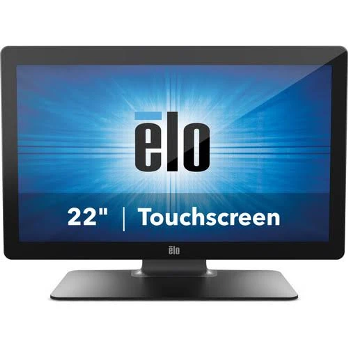 Ein schwarzer Touchscreen-Computermonitor. Text: 22" | Touchscreen. Der Bildschirm zeigt eine blau-weiße Grafik.