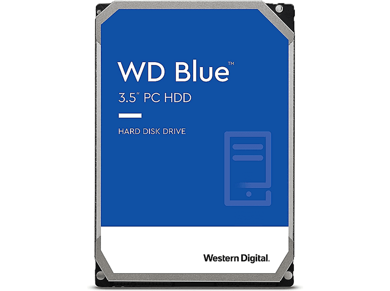Een harde schijf met label WD Blue. Blauw en wit kleurenschema.