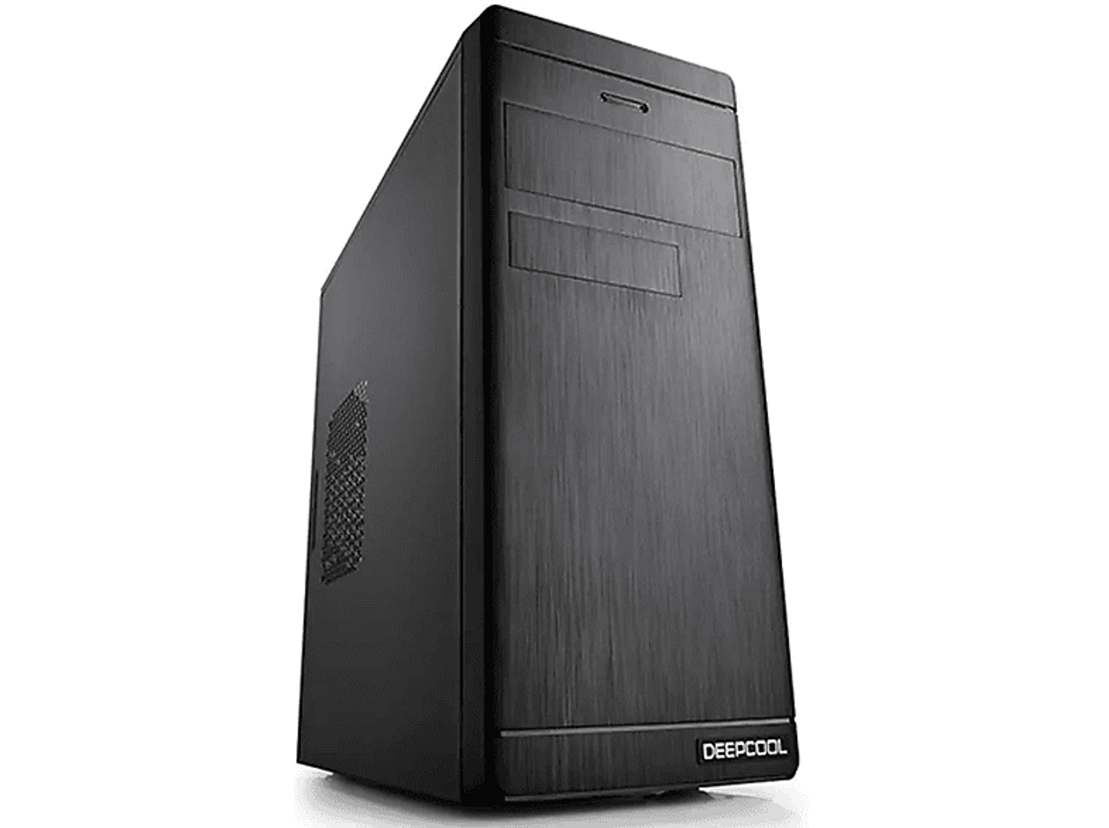 Czarna obudowa komputera o eleganckim designie, prezentująca panel przedni.