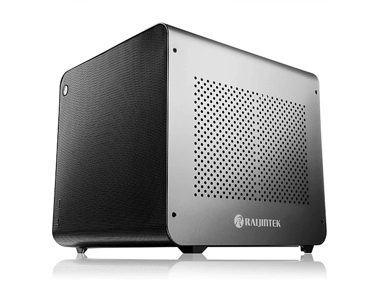 Srebrno-czarna obudowa komputera. Widoczna marka Rajintek.