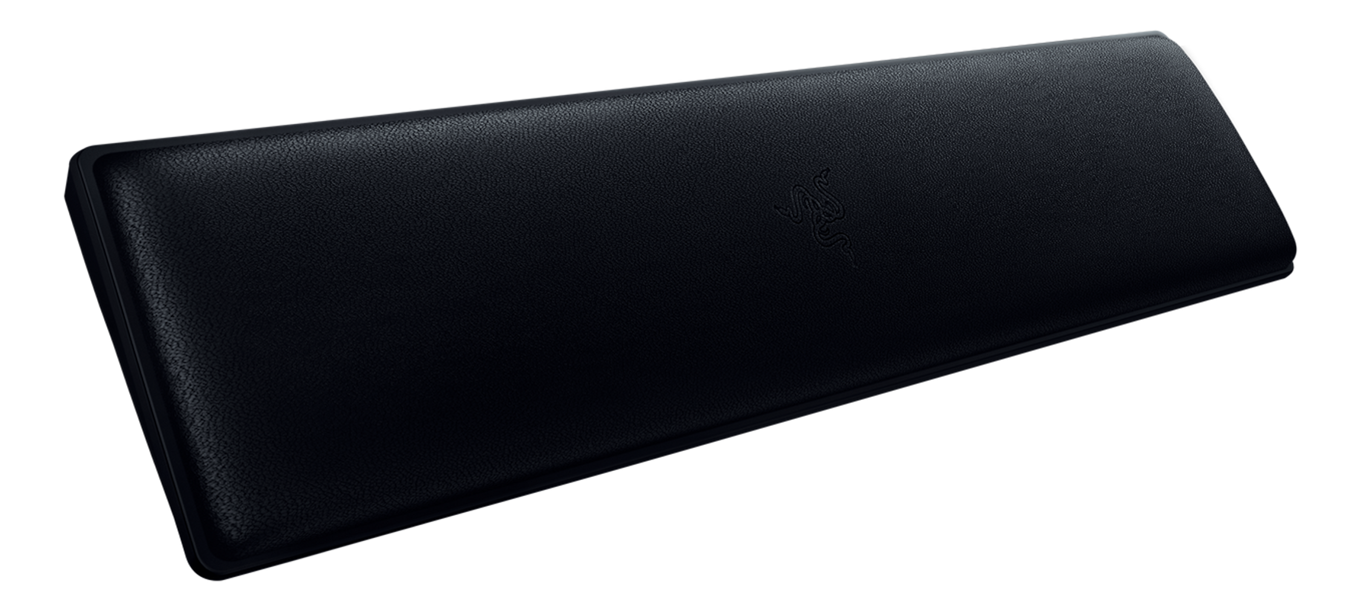Repose-poignet Razer noir, surface texturée, logo Razer, sur fond noir.