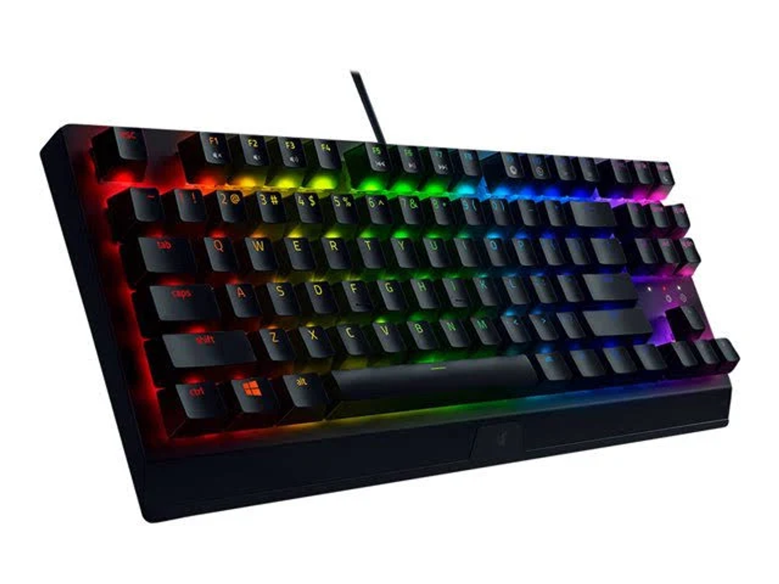 Czarna klawiatura do gier z podświetleniem RGB. Klawisze podświetlone na wiele kolorów.