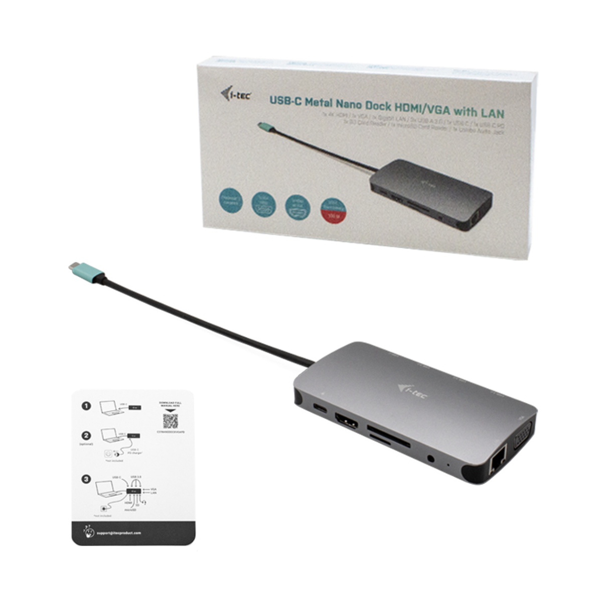 Base nano USB-C de metal con cable e instrucciones sobre un fondo blanco.