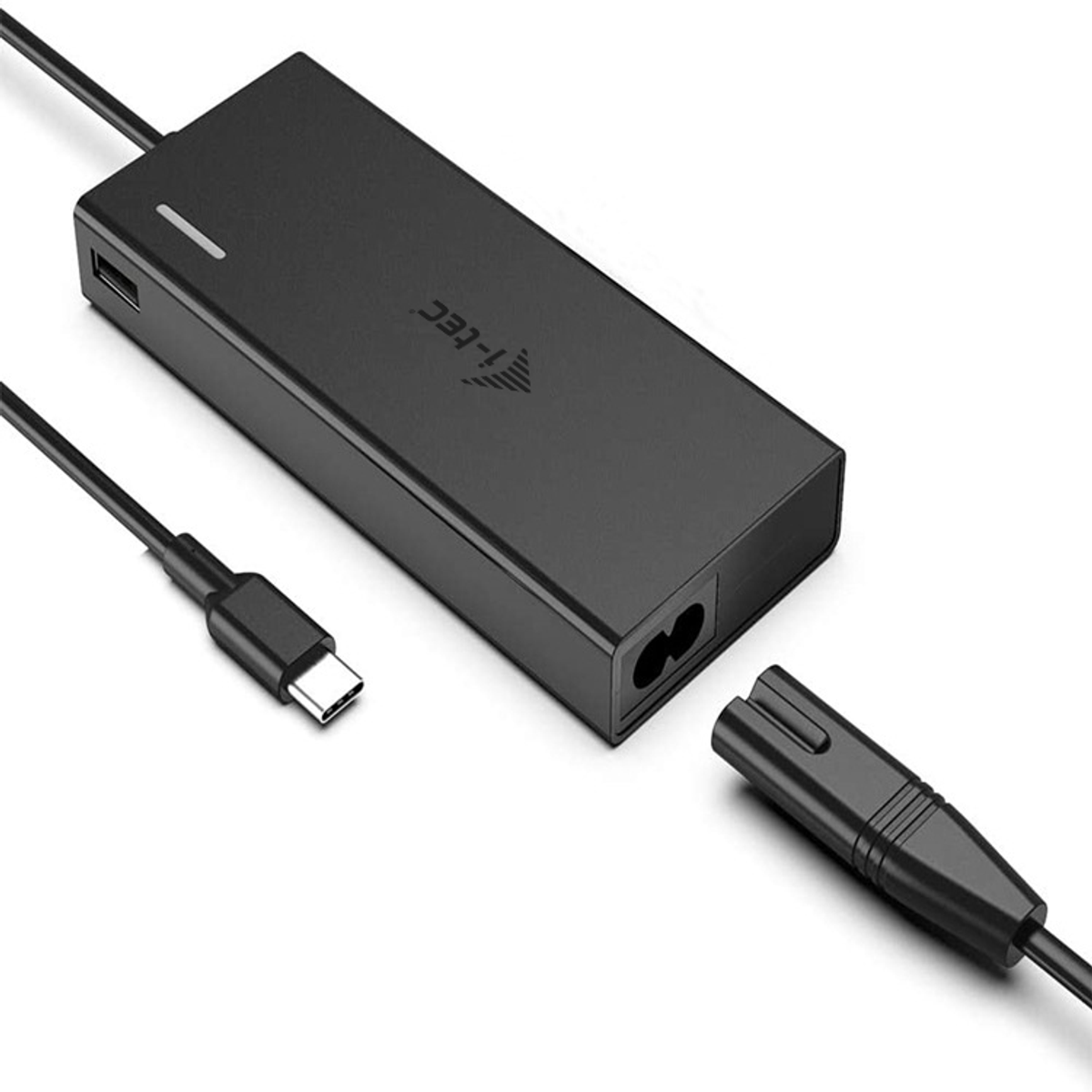 Adaptador de corriente i-tec negro con cable USB-C y cable de alimentación.