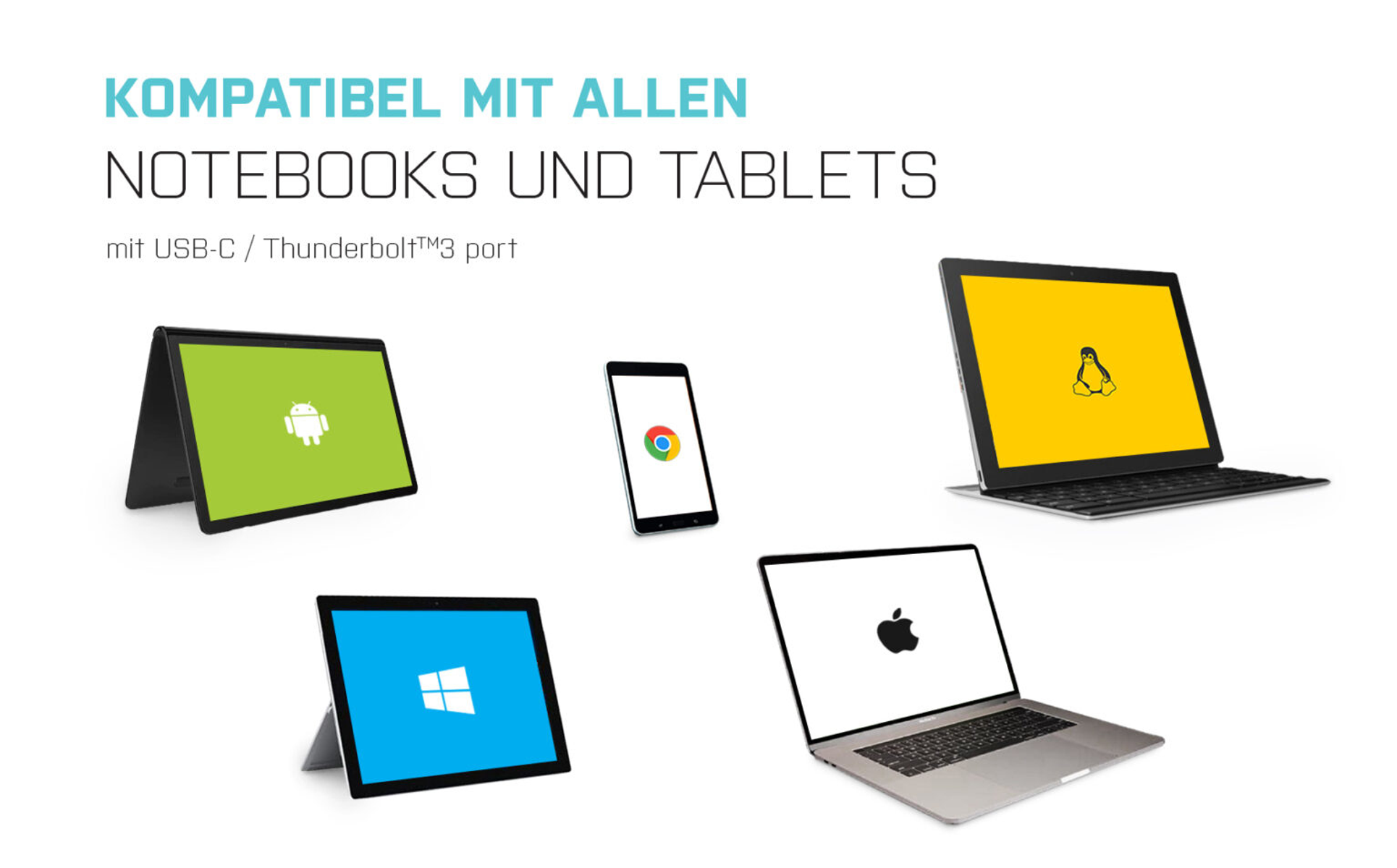 Varios dispositivos: tableta, teléfono y portátiles. Texto: Compatible con portátiles y tabletas.