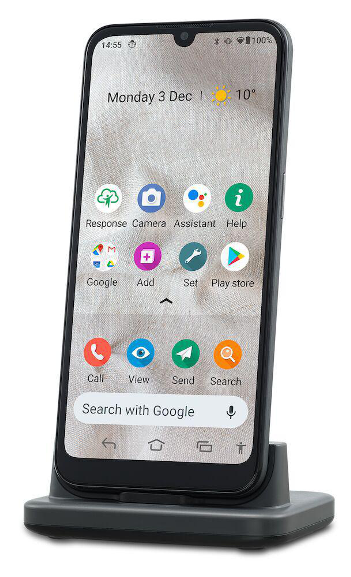 Ein schwarzes Smartphone auf einem Ständer zeigt Symbole. Datum und Uhrzeit sind sichtbar. Der Bildschirm zeigt App-Symbole.