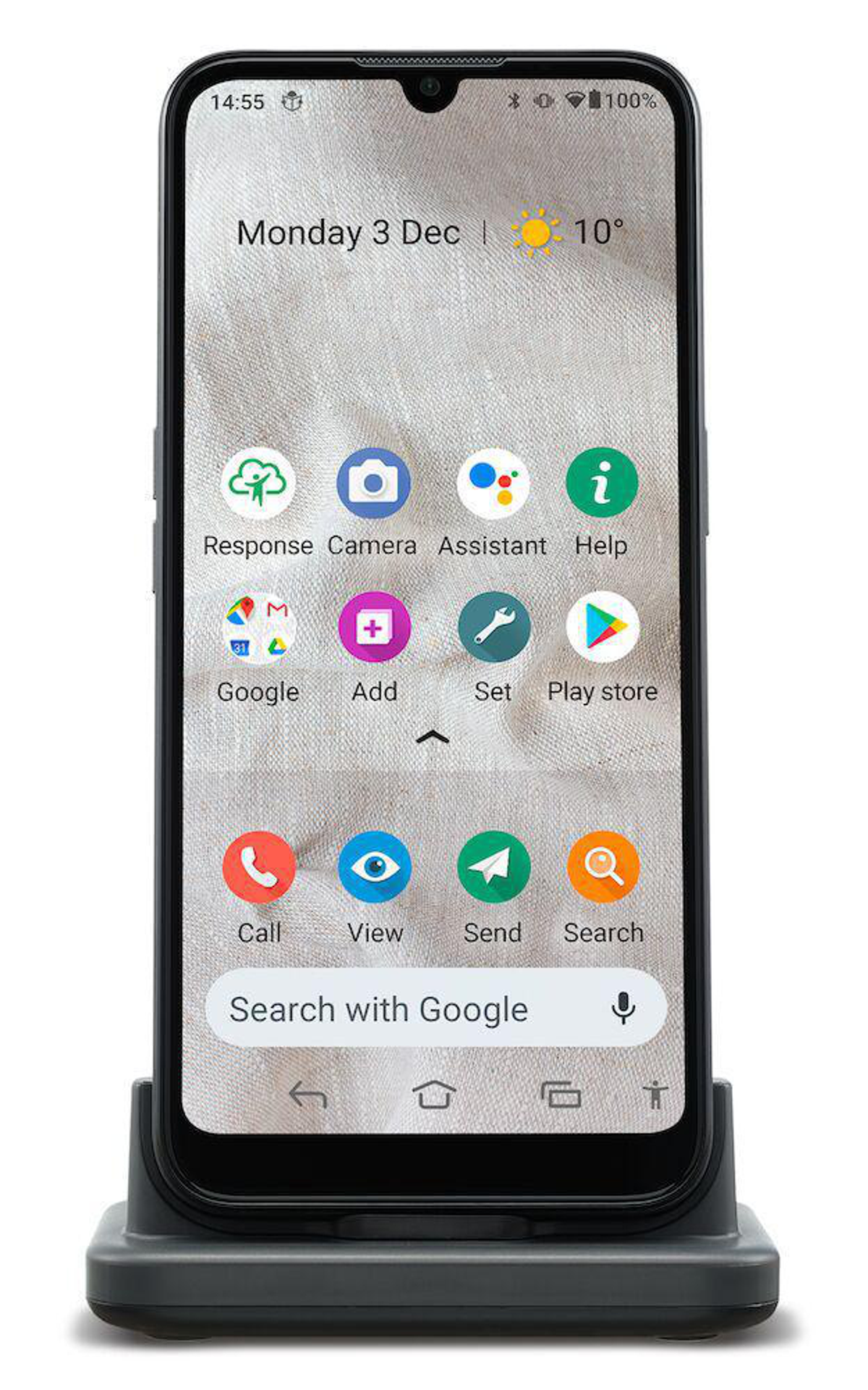 Smartphone in Ladestation, zeigt App-Symbole und Datum.