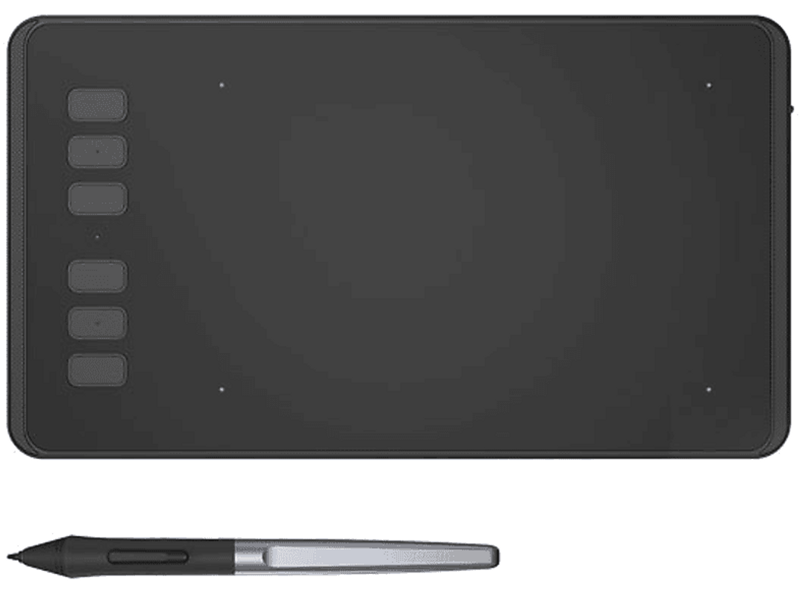 Schwarzes Zeichentablett mit Stift. Das Tablet hat Tasten und eine große Zeichenfläche.