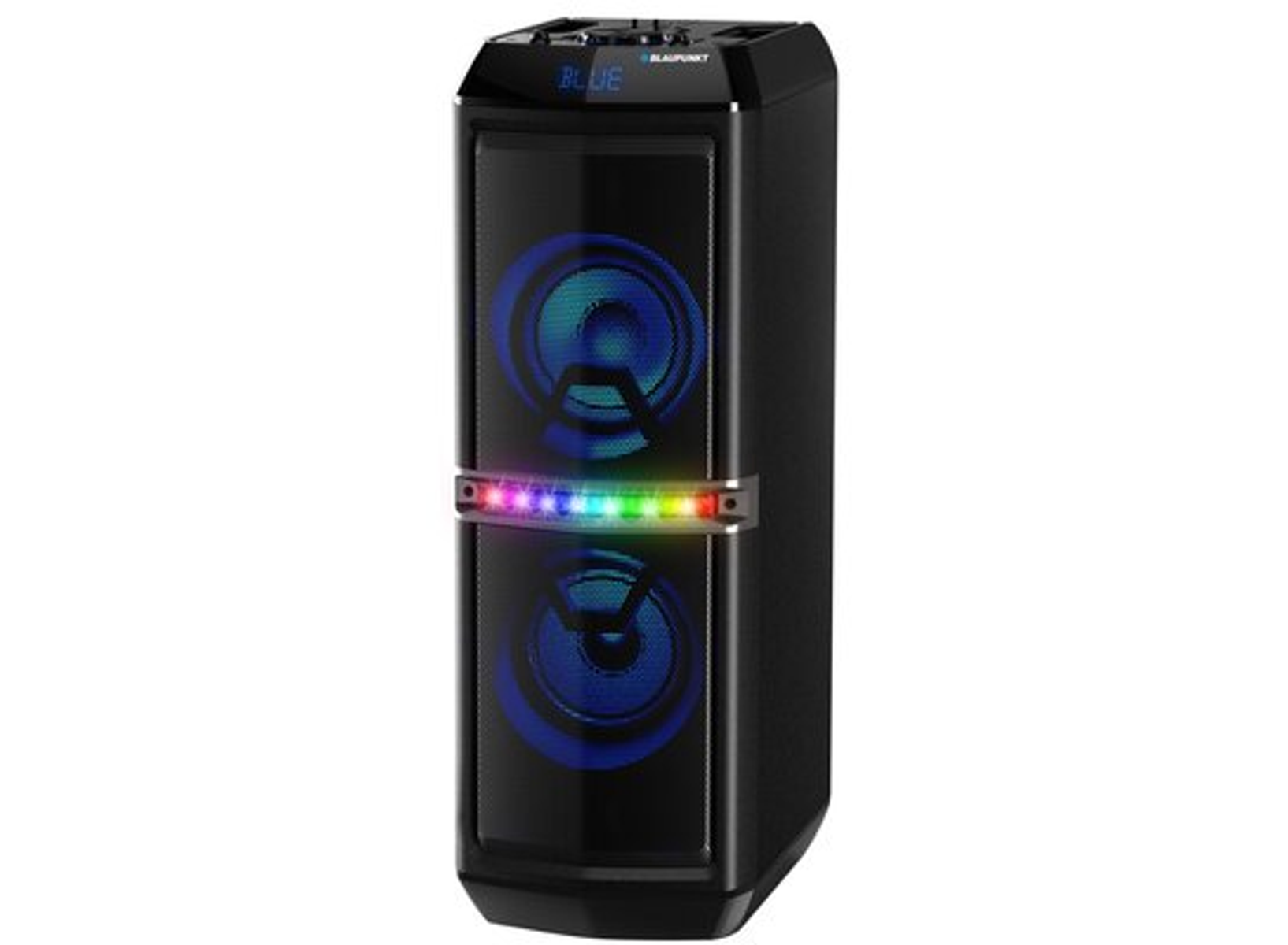Zwarte Blaupunkt Bluetooth-luidspreker met blauwe en regenboogverlichting.