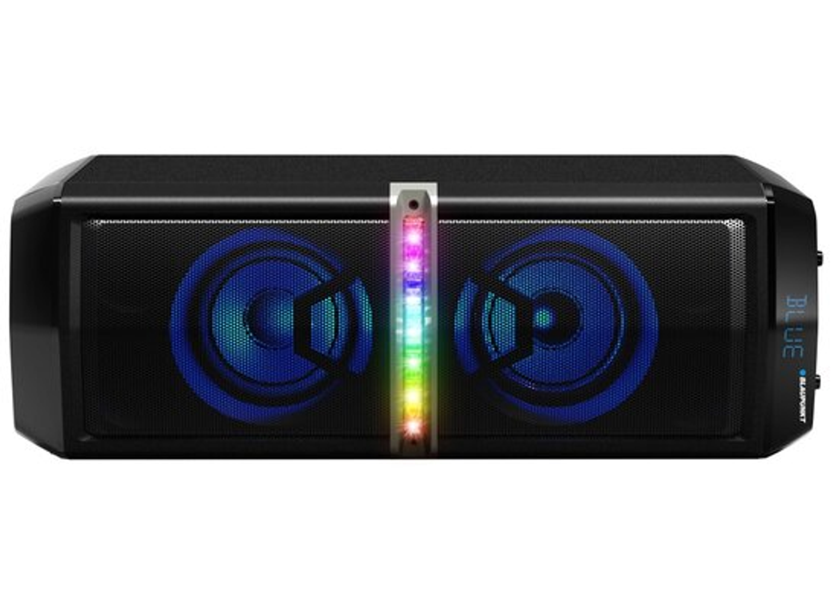 Zwarte luidspreker met blauwe lichten, meerdere knoppen en een Blaupunkt-logo.