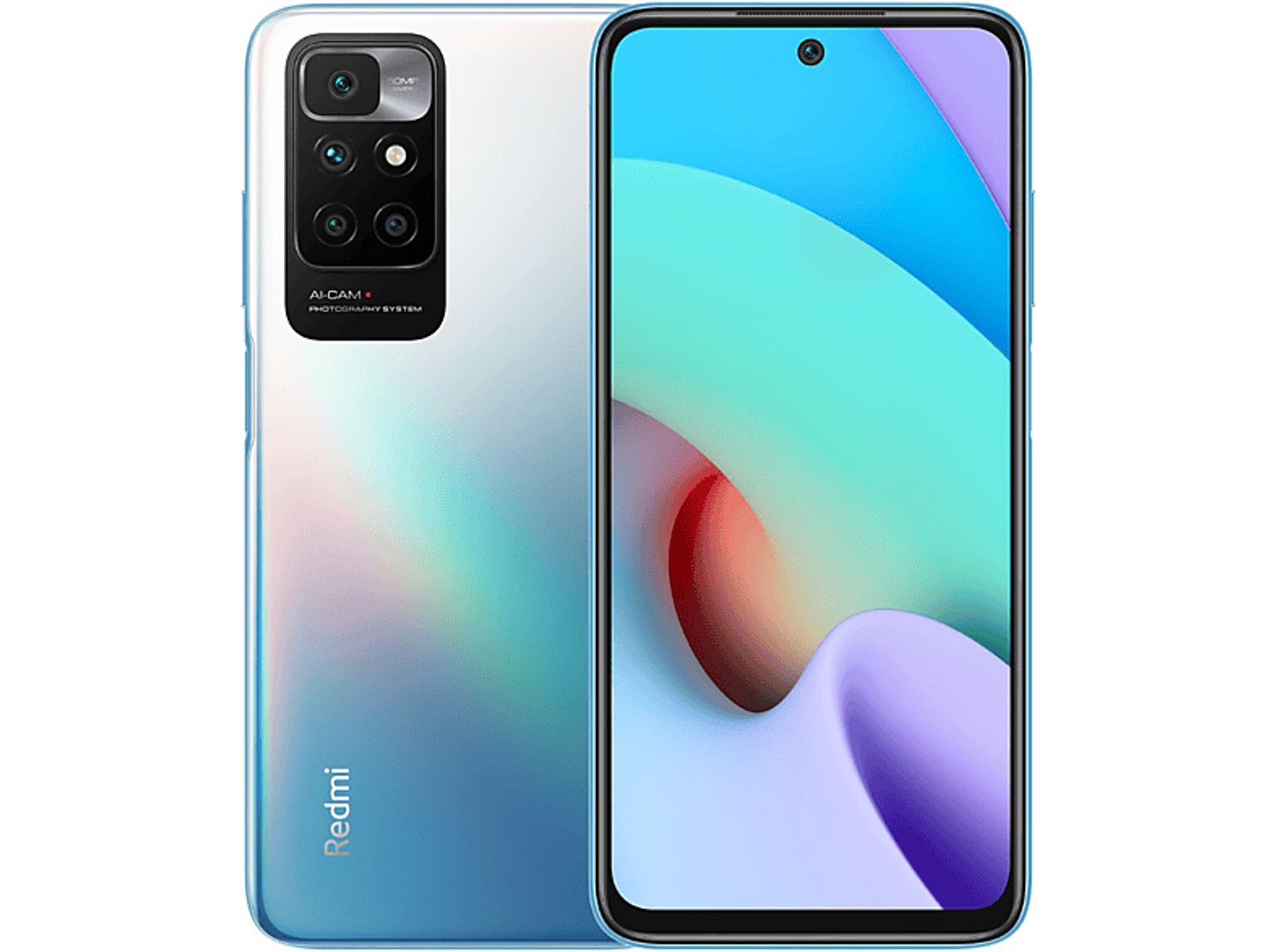 Niebiesko-biały telefon z czterema aparatami.