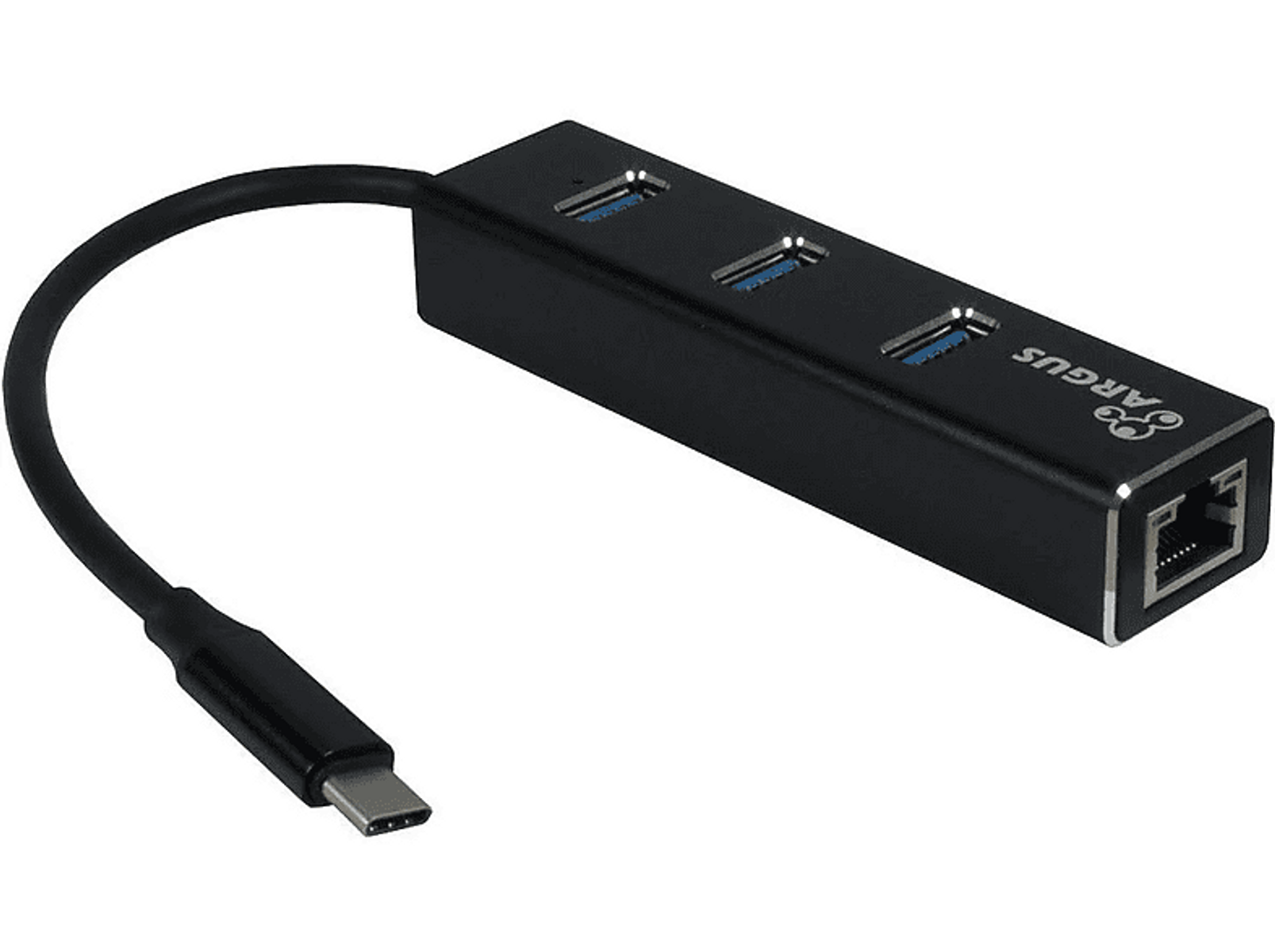 Hub USB nero con tre porte USB e una porta di rete. Un cavo USB-C è collegato.