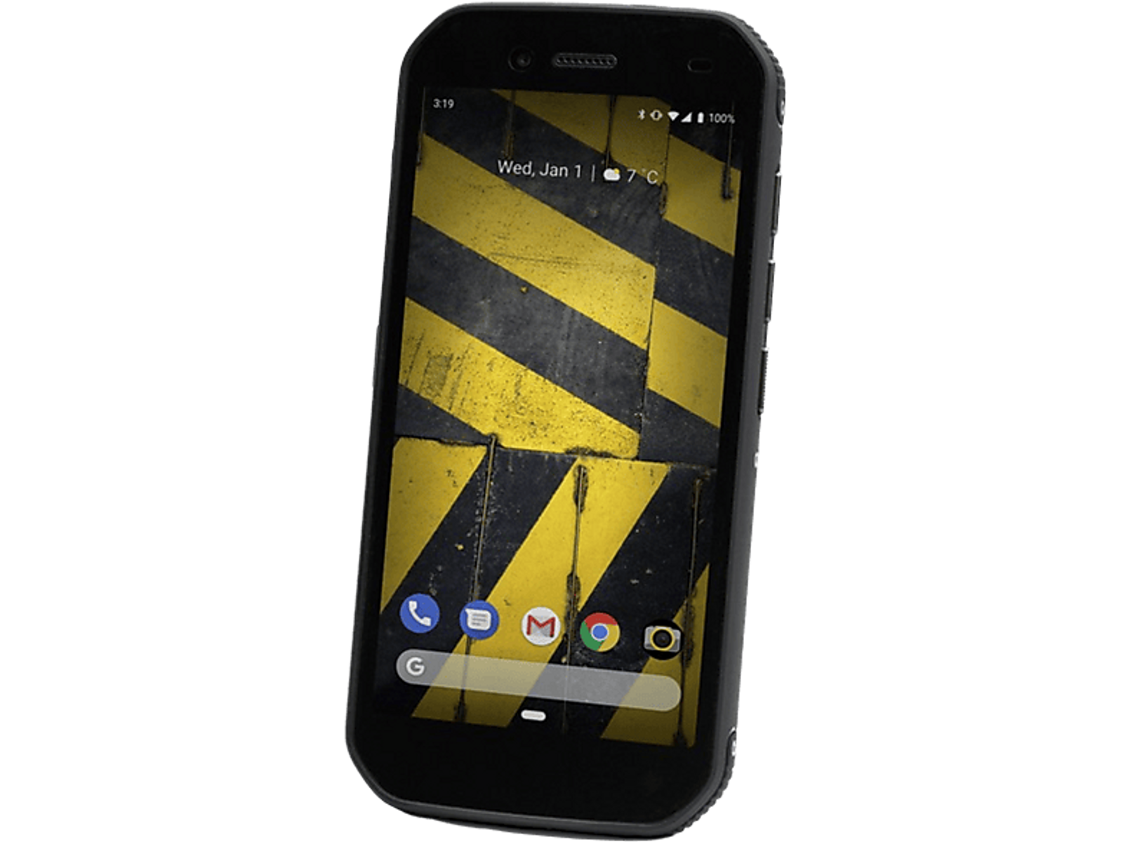 Ein schwarzes Smartphone mit gelb-schwarzem Diagonalmuster auf dem Bildschirm, zeigt eine Oberfläche.