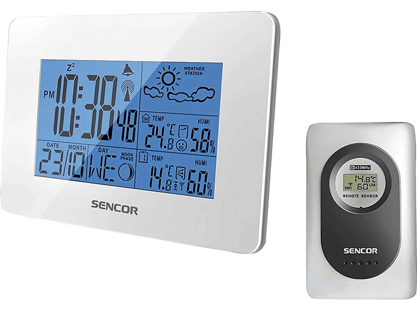 Biała stacja pogodowa pokazująca czas, datę, temp. wewnątrz/na zewnątrz i wilgotność.