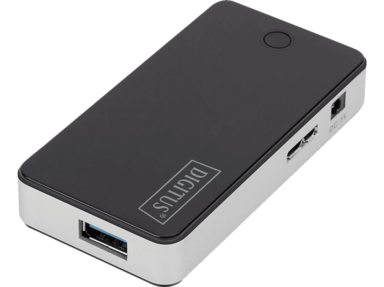 Schwarze und silberne Powerbank mit USB- und Micro-USB-Anschlüssen, auf dunklem Grund.